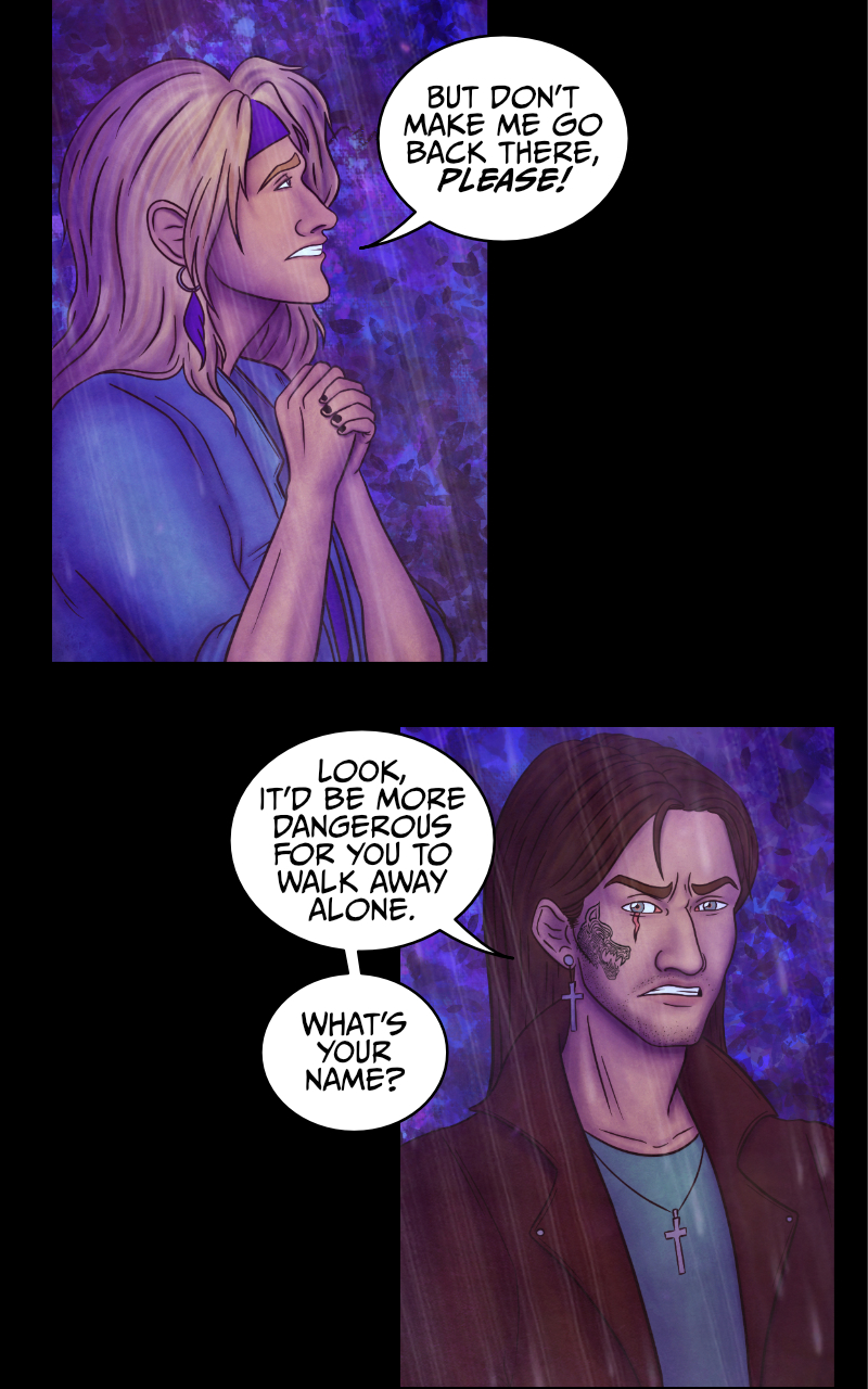 Adrian turns to look at the blonde guy: "You, blondie... where did this monster go?" "D-down there!" the guys points at the direction where he came from. "But don't make me go back there, please!" "Look, it'd be more dangerous for you to walk away alone" says Adrian, "what's your name?" "A-Aaron..." the blonde guy still looks worried. "Okay, trust me and listen, Aaron" replies Adrian "all I need is for you to stay calm and tell me where to go exactly". "Yeah, because he looks so sane..." says the redhead girl. "What do you mean?" Adrian turns to look at her. She points at Aaron: "Can't you see? This guy is drunk as a skunk, if not worse!" "AND YOU... YOU'RE AS FLAT AS A PANCAKE!" shrieks Aaron, his face turning red. The girl won't budge. "See? Your over-the-top reaction just made it more obvious!" "I was speaking the truth" hisses Aaron. Adrian turns to look at them both: "Could you two please shut up? You're only making it easier for him to run away!"