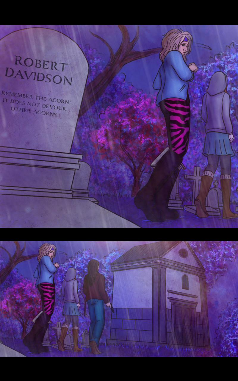 The group starts searching for the vampire. They walk around the cemetery, keeping an eye on tombs, crypts and even bushes... but to no avail. After several minutes of research, Adrian has to give up: "...Gone. Duh". Just as he's saying that, however, Aaron seems to notice something in front of him. He grabs the sleeve of Adrian jackets and shakes him: "NO, HE'S STILL THERE!" he points at some place right above the three of them: "LOOK!"