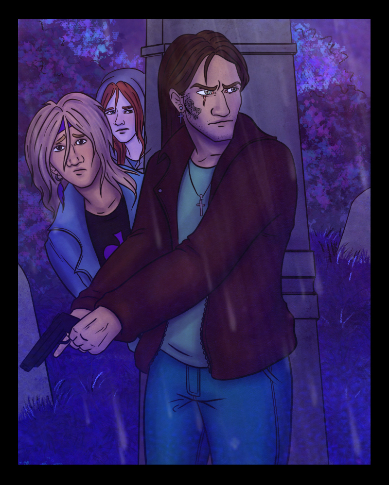 The group starts searching for the vampire. They walk around the cemetery, keeping an eye on tombs, crypts and even bushes... but to no avail. After several minutes of research, Adrian has to give up: "...Gone. Duh". Just as he's saying that, however, Aaron seems to notice something in front of him. He grabs the sleeve of Adrian jackets and shakes him: "NO, HE'S STILL THERE!" he points at some place right above the three of them: "LOOK!"
