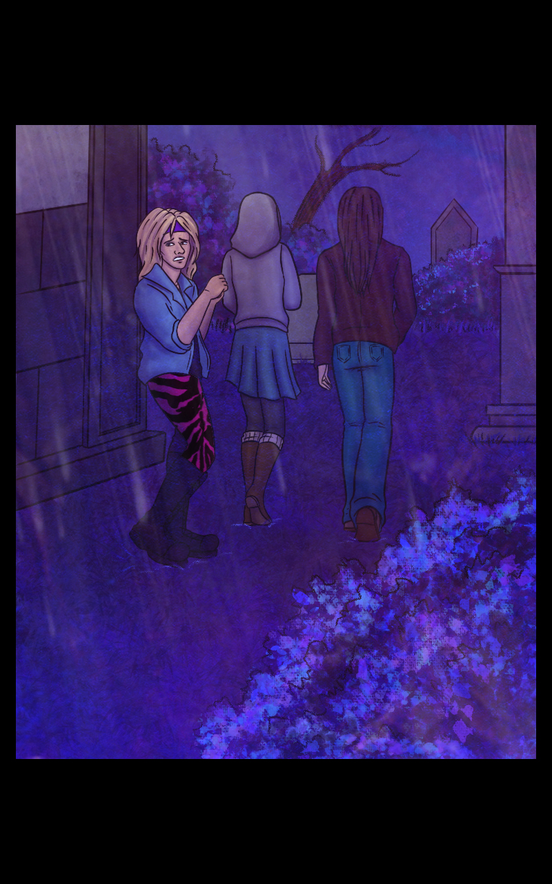 The group starts searching for the vampire. They walk around the cemetery, keeping an eye on tombs, crypts and even bushes... but to no avail. After several minutes of research, Adrian has to give up: "...Gone. Duh". Just as he's saying that, however, Aaron seems to notice something in front of him. He grabs the sleeve of Adrian jackets and shakes him: "NO, HE'S STILL THERE!" he points at some place right above the three of them: "LOOK!"