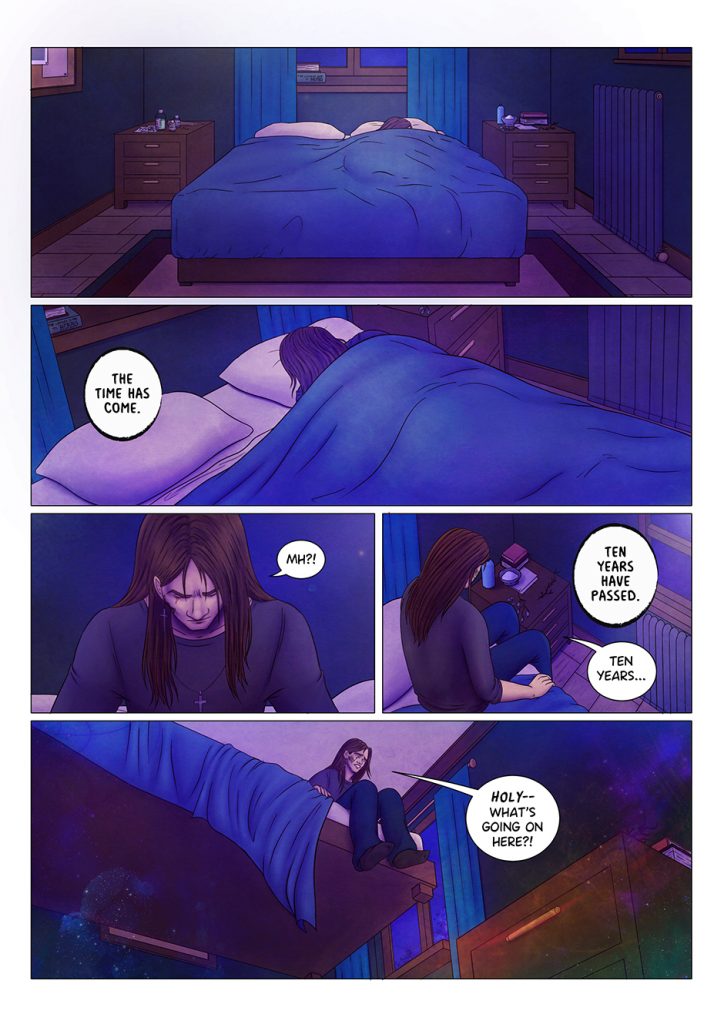 Adrian's bedroom. There's a double size bed right under the window, a simple rug on the floor and a corkboard on the wall on the left, with pictures and papers attached to it. The tops of both night tables appear to be covered in herbs, potions and books. Adrian sleeps, until... "The time has come" says a mysterious voice. "Uh?" He sits on the bed. The voice continues: "Ten years have passed"; "Ten years..." Adrian repeats, as he slowly gets out of bed. He stops before he can put his feet on the floor. "What the...?" he says, startled, as he looks down. The bed is floating in the air.