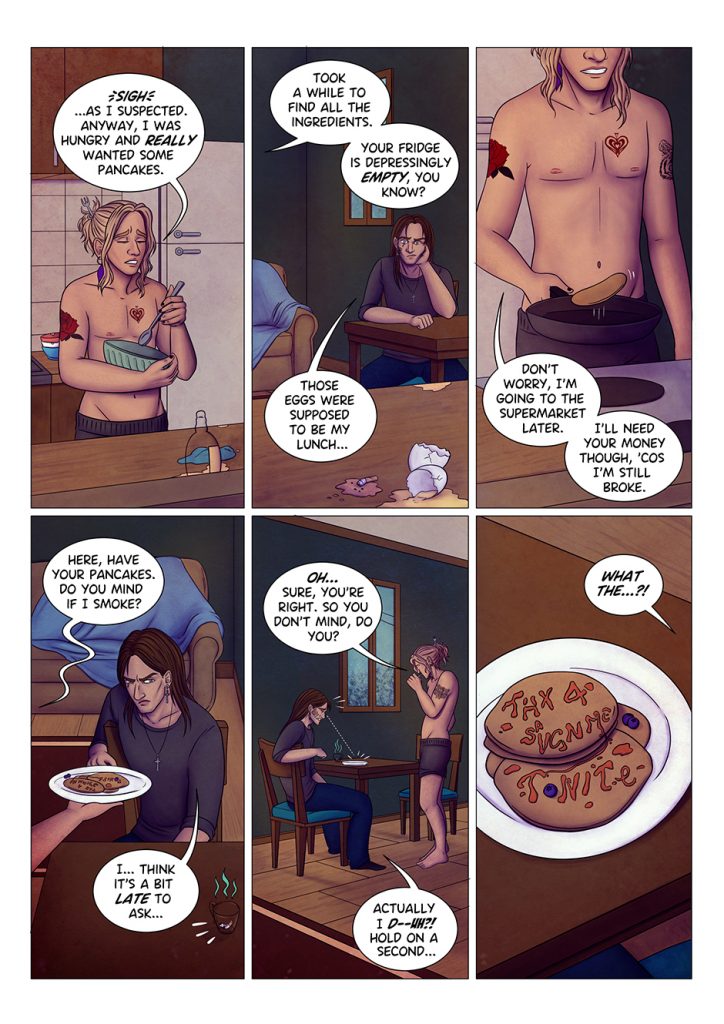 Comic image, in which Aaron keeps making pancakes and promises Adrian that he's going to buy groceries for him. With his money. He also lights up a cigarette and finally shows the result of his work: a bunch of pancakes for Adrian with "Thanks for saving me tonite" written on top.
