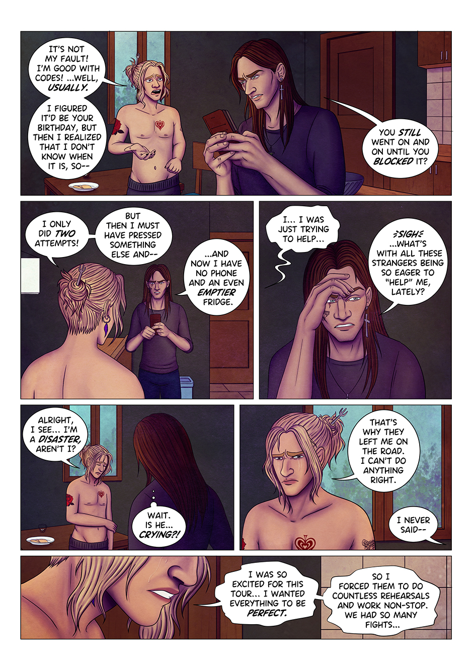 Comic page in which Aaron tries to explain how he accidentally broke Adrian's phone. Adrian isn't pleased and Aaron has a little bit of a meltdown.