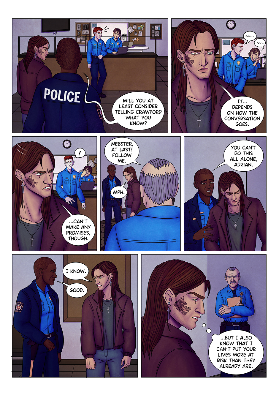 Adrian and Aaliyah enter the police station as they keep talking. Aaliyah wants Adrian to tell the sheriff about his dream, but Adrian still isn't sure. Meeanwhile, some policemen seem to be gossiping about Adrian in the background. Sheriff Crawford comes in and asks Adrian to follow him.