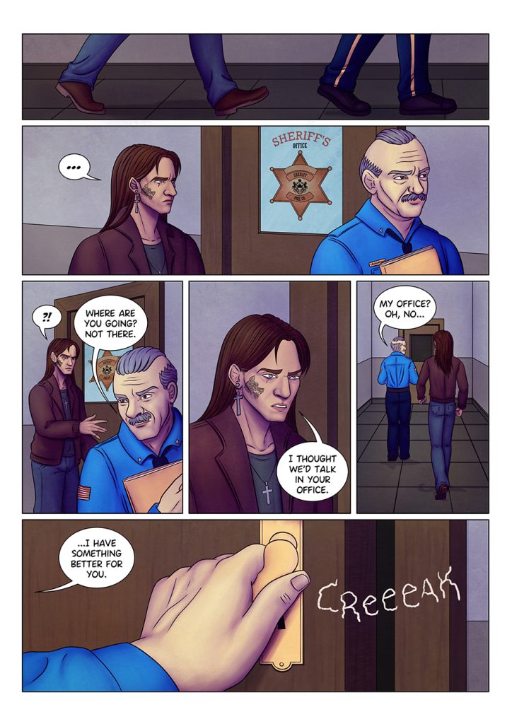 Comic page: Adrian and Crawford walking down the hallway of the police station. Adrian stops in front of Crawford's office, but he tells him to keep going.