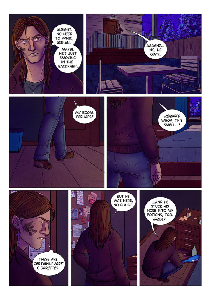 Adrian keeps looking for Aaron, but he's nowhere to be found. However, it's obvious that the young man did something involving Adrian's potions, since a bunch of bottles appear to be missing.